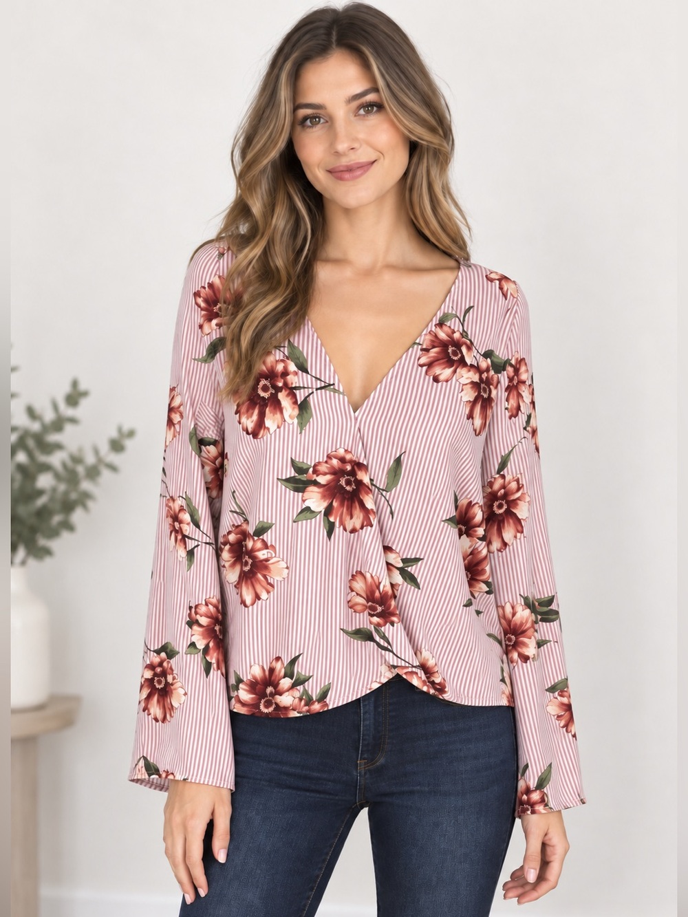 Floral Blouse Striped Surplice Long Sleeve Flowy Top Lightweight Size S